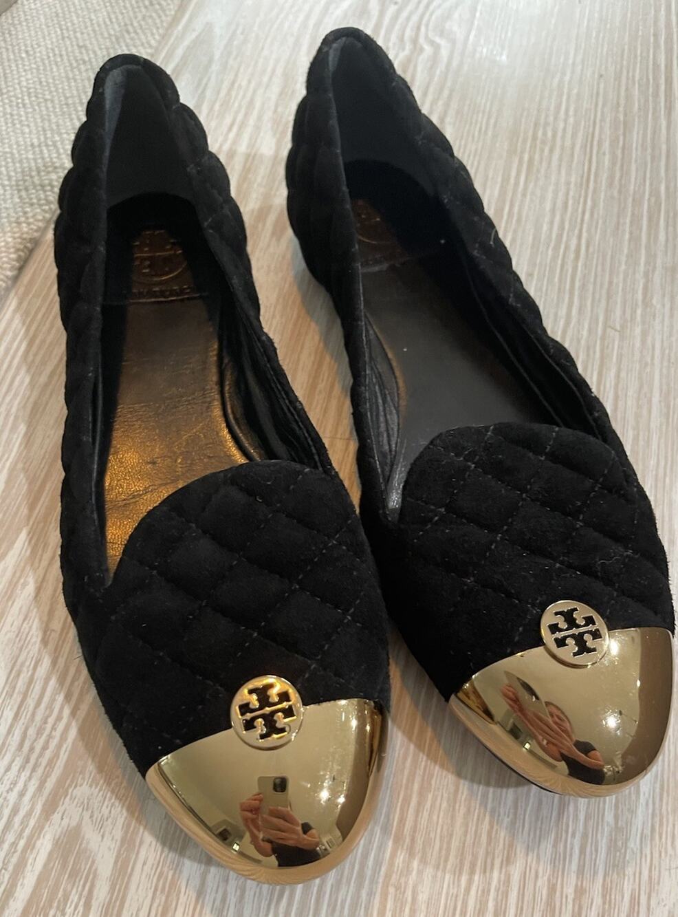 Tory Burch Women's Kaitlin Quilted Suede Ballet Flats Black/Bronze Size 9298